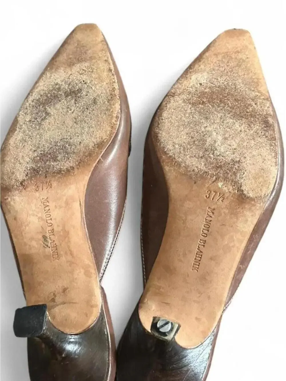 90s Vintage Manolo Blahnik Leather Stitched Pointed Mules | Size 7 US / 37.5 EU